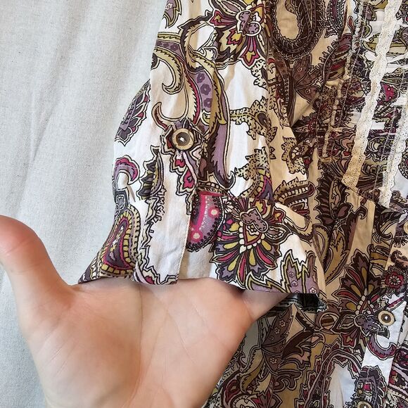 Bandolino Women's Button Up Paisley Pink Purple Tuxedo Bib Lace Detail 3/4 Large - Picture 3 of 10